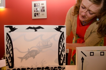 Allison Villani demonstrates shadow puppet theater
