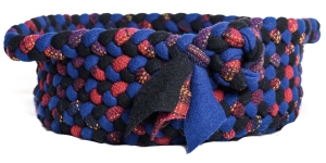 Another braided basket with handles and a bow.