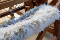 Sheepskin on a weaving bench.