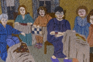 Jeni Nunnally hooked this group of women at a retreat, hooking in pajamas.