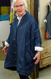 Judith showing a new denim jacket she purchased online.
